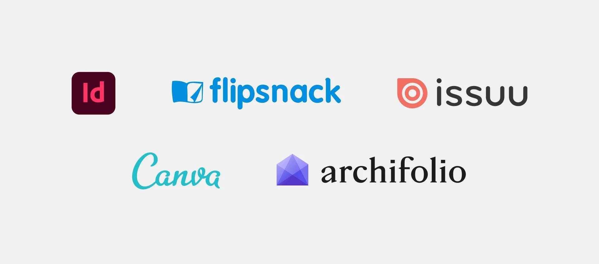 Logos of the best PDF builders and sharing platforms for interior designers and architects (Archifolio, InDesign, Flipsnack, Issuu, Canva)