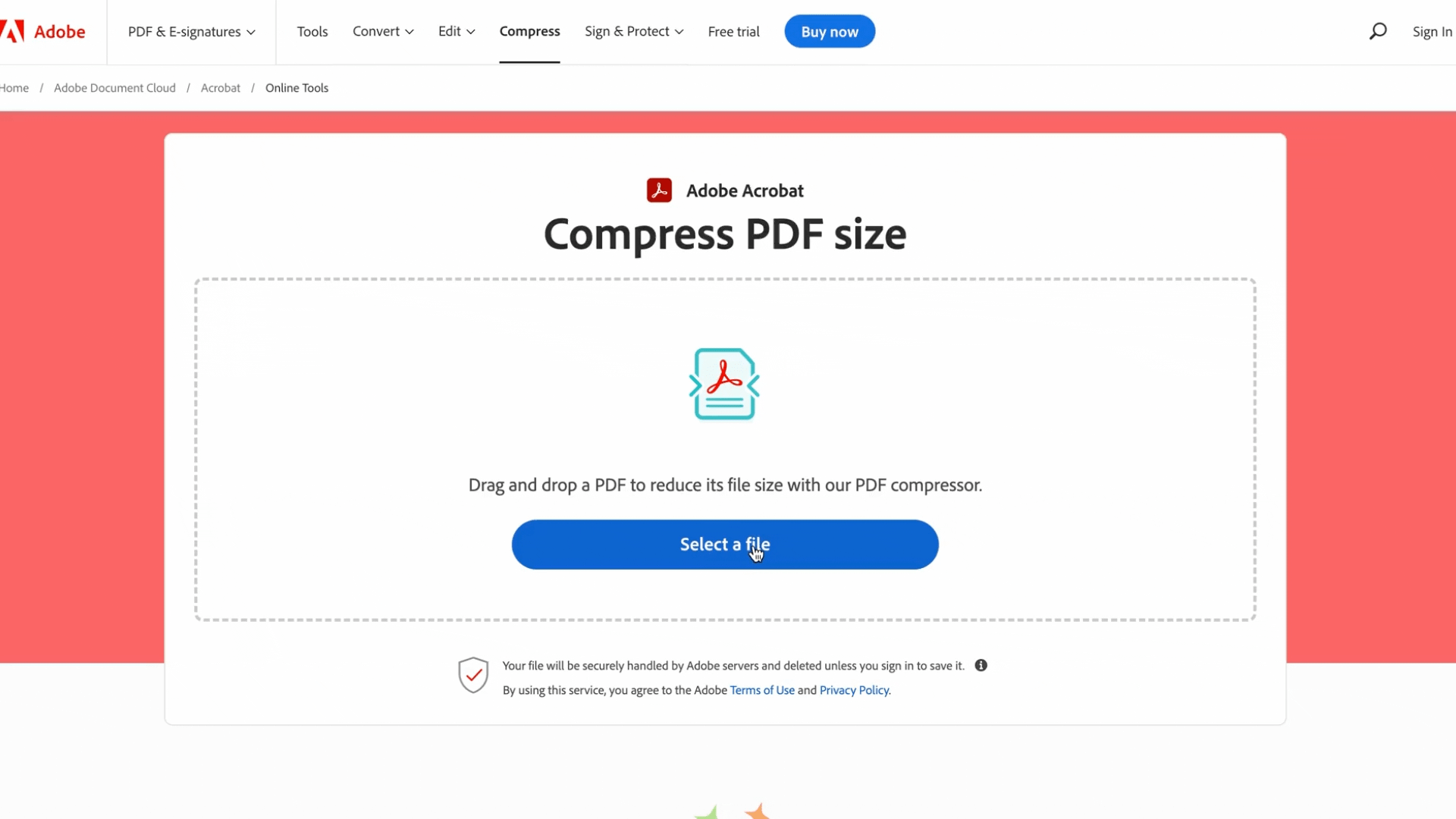 A GIF of using Adobe Acrobat's PDF compressor (uploading a file, compressing it, and downloading)