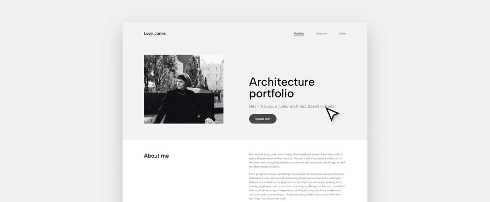 A black and white portfolio in an editor environment. There's the design sidebar open on the left, where the cursor is changing first the fonts and then the colors. It's a representation of how easy it is to switch fonts and colors in Archifolio.