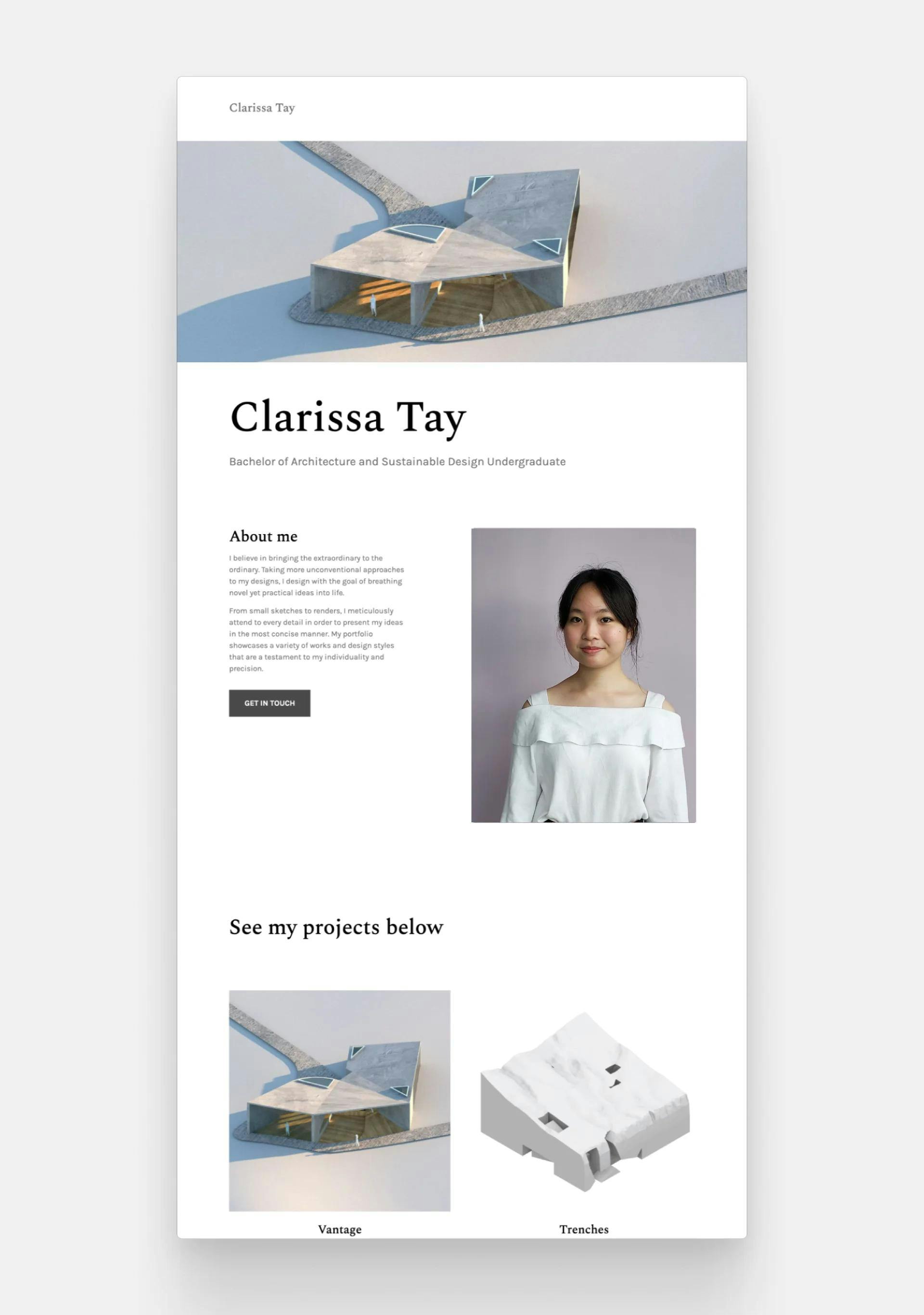 Screenshot of Clarissa Tay's architecture website on a light grey background.