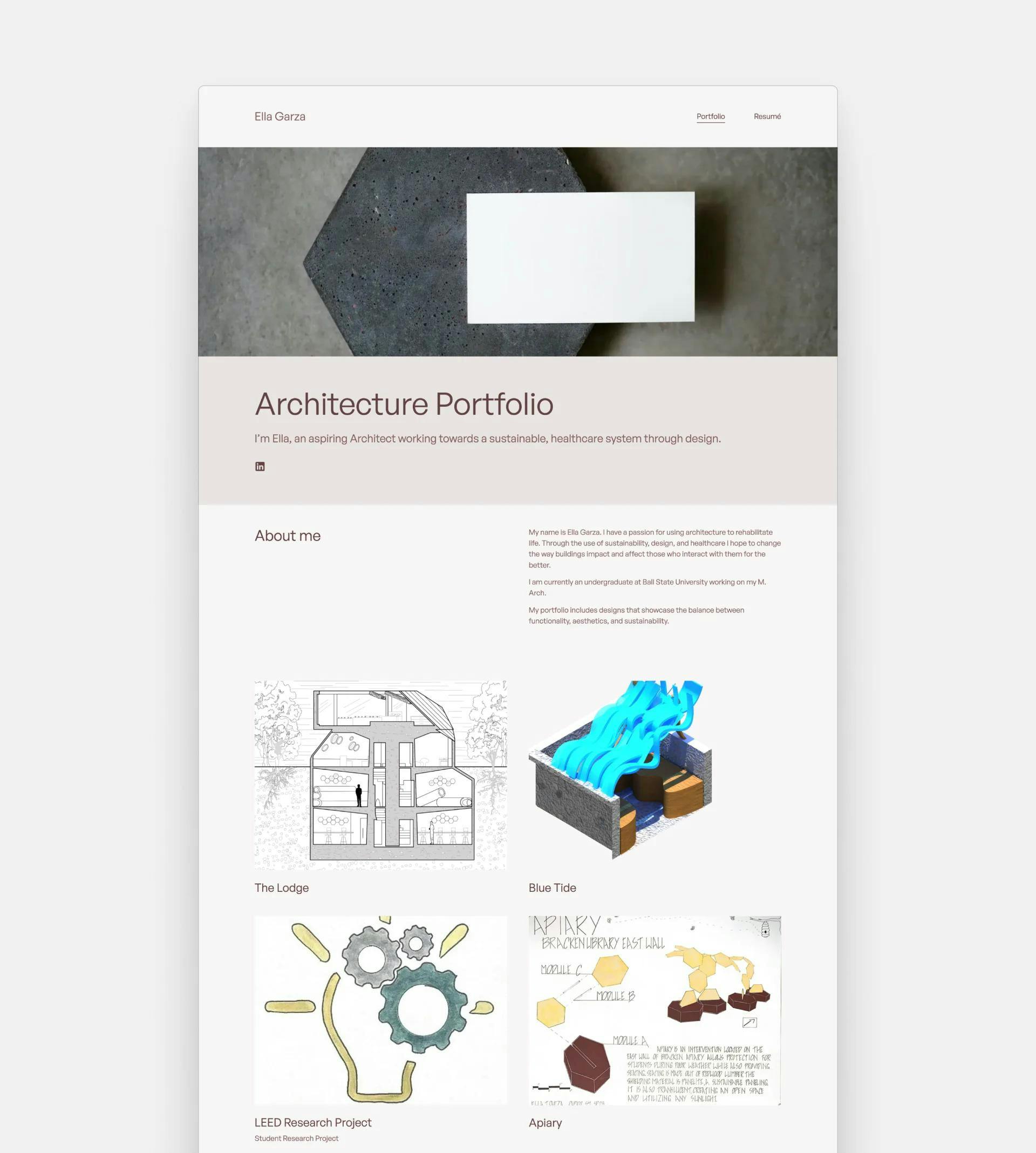 Screenshot of the pastel colored architecture portfolio website by Ella Garza