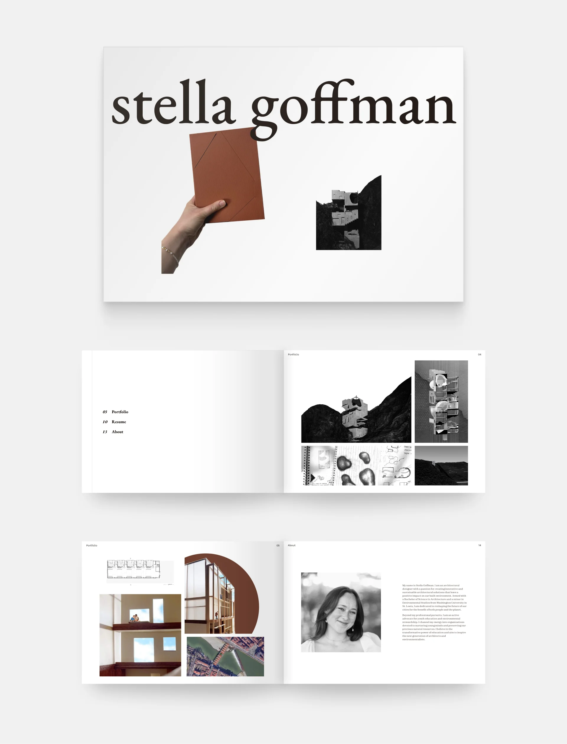 An image of a printed portfolio on a flat surface showcasing Stella Goffman's work sample