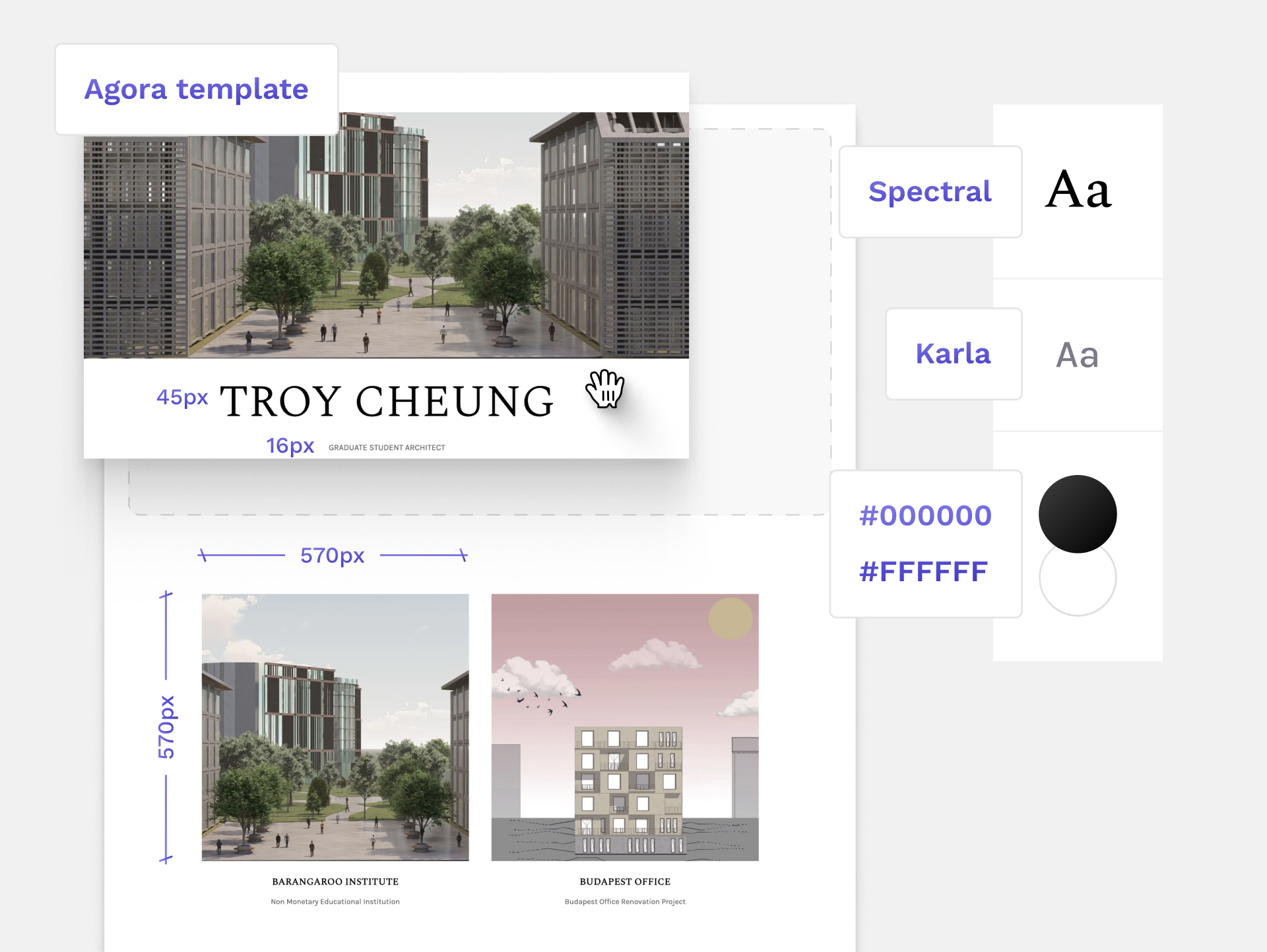 Recreate Troy Cheung's architecture website design. Colors, font types and sizes are included in this picture.