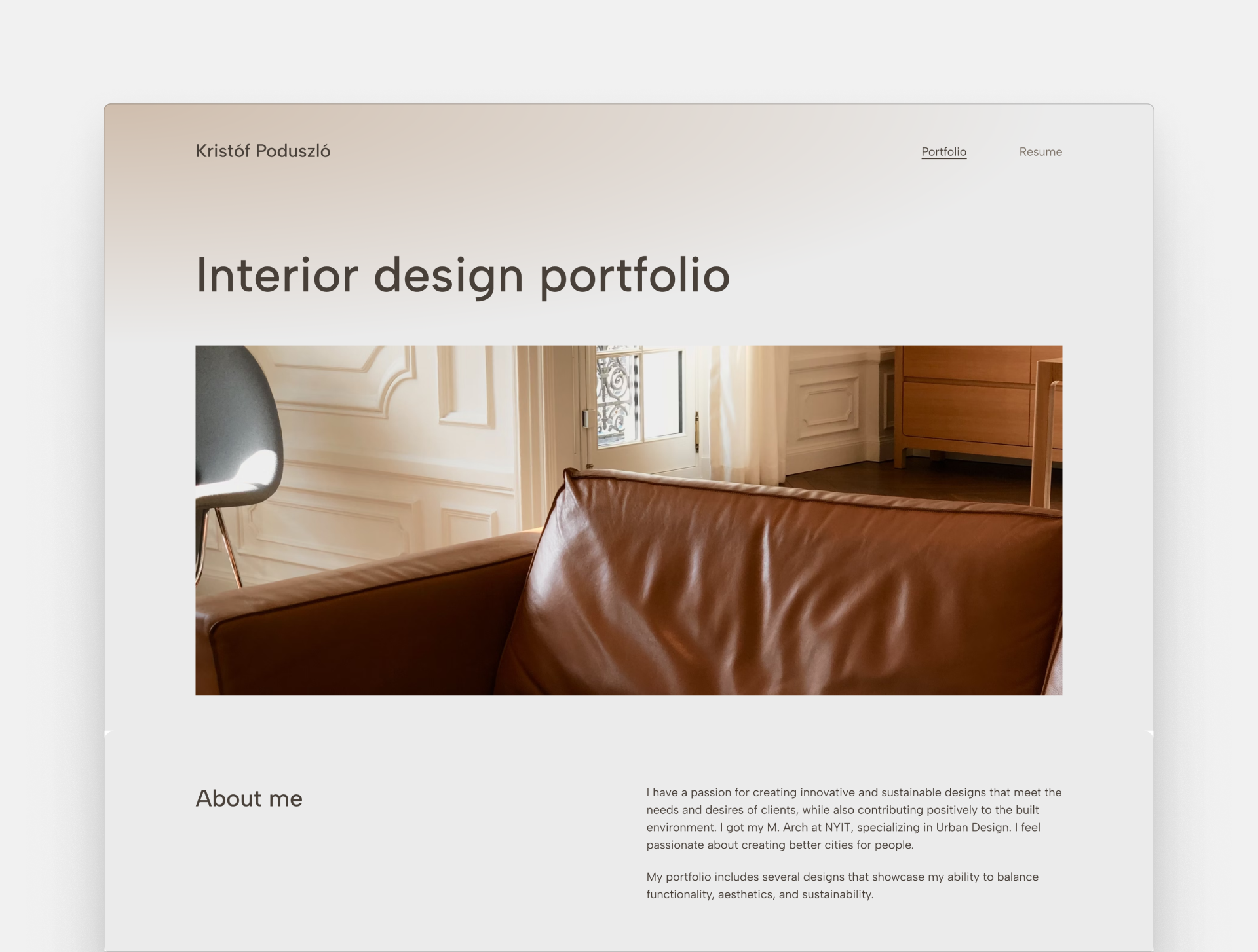 Screenshot of an interior design website template on a gray background. The template has a large hero image and a beige color palette.