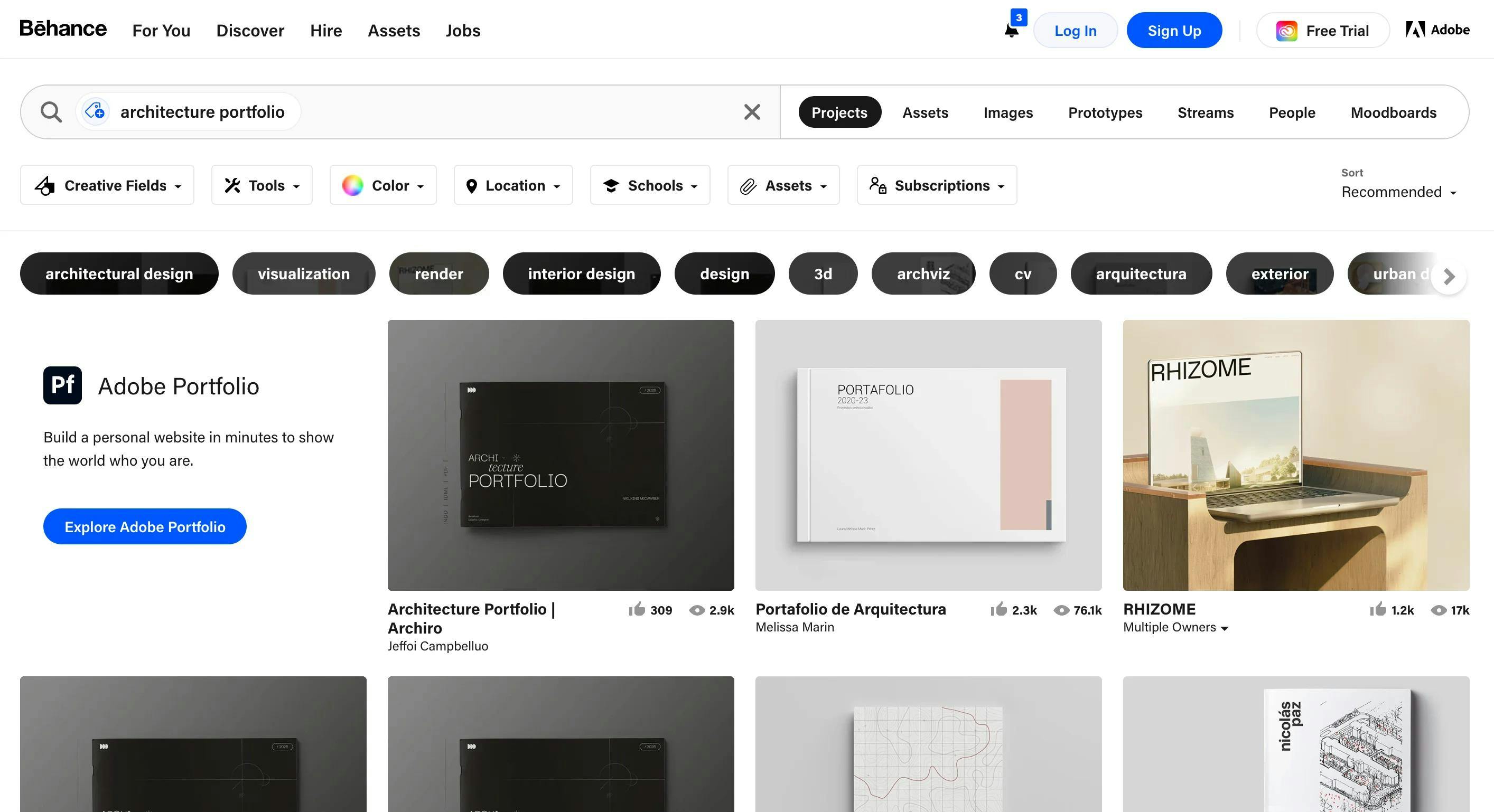 Screenshot of Behance's page of architecture portfolios